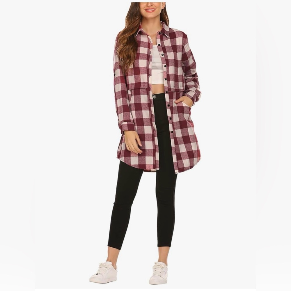 Red and Black Plaid Button-Up Boyfriend Flannel Tunic Length - Picture 3 of 16